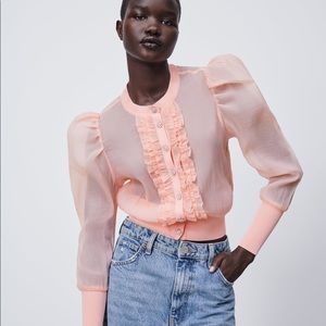 (SOLD)Zara Organza Jacket Ruffled Light Peachy Pink Jewel Button